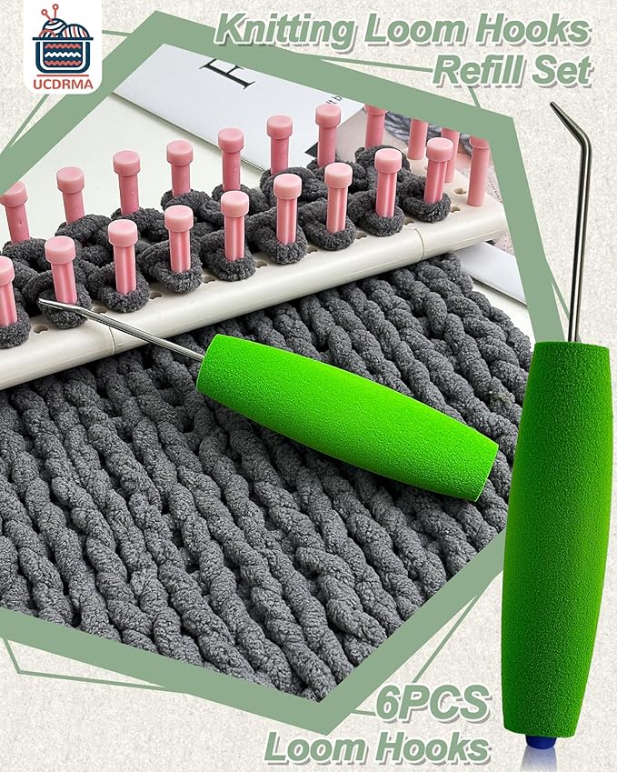 UCDRMA Knitting Loom Hook with Soft Grip, More Comfortable Loom Knitting Hook for Arthritic Hands, 6PCS Longer Loom Crochet Hooks (5.5in) Stainless Steel Yarn Loom Hooks with 12 Sewing Needles (L)