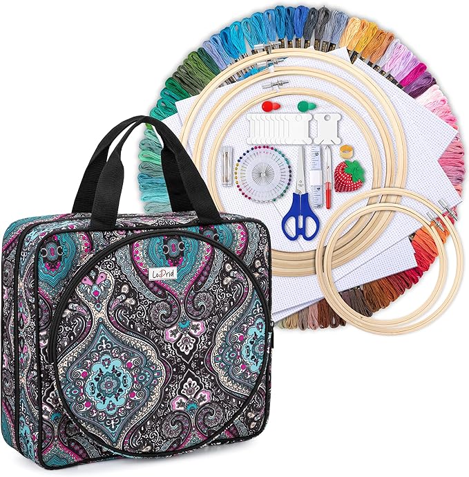 LoDrid Embroidery Kit, Embroidery Project Bag with Embroidery Kit, Portable Craft Carry Case with Starter Kit, Embroidery Supplies Storage Bag and Cross Stitch Kits for Beginners, Adults, Totem