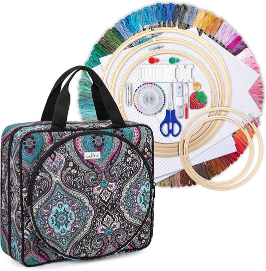 LoDrid Embroidery Kit, Embroidery Project Bag with Embroidery Kit, Portable Craft Carry Case with Starter Kit, Embroidery Supplies Storage Bag and Cross Stitch Kits for Beginners, Adults, Totem
