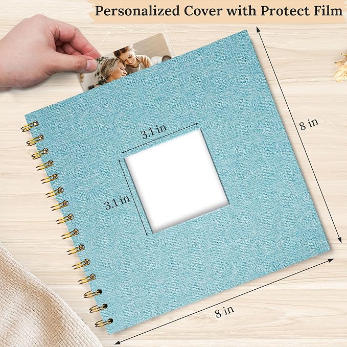 Scrapbook Photo Album Linen Cover, 8 x 8 Inch Hardcover Kraft White Pages Memory Book, for Travel Wedding Guest Book Christmas Baby Shower (20 Sheets/ 40 Pages,Light Blue)