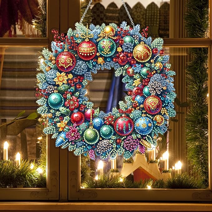 JJFox Diamond Art Hanging Kit for Adult,Special Shaped Rhinestone,Double Sided DIY Acrylic Diamond Art Painting Window Pendants Home Garden Wall Hanging Kits Hanging Ornament (Christmas wreath2)