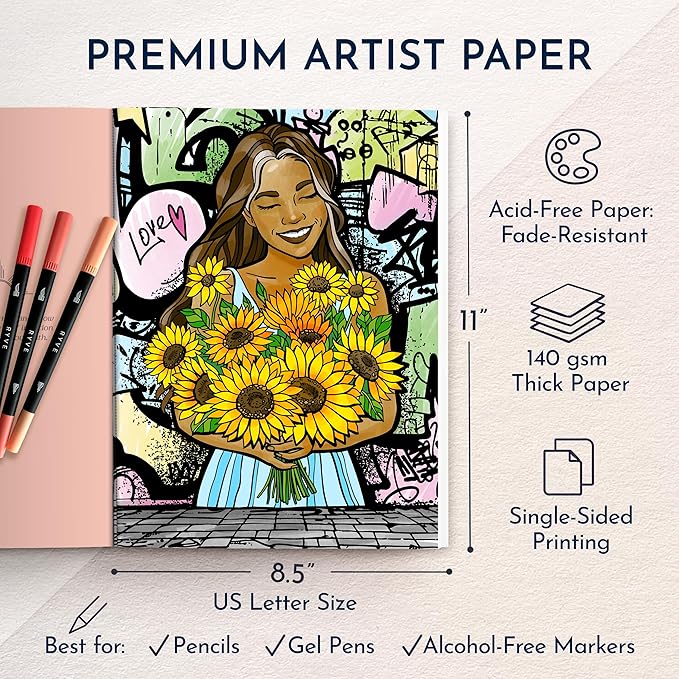 Adult Coloring Book for Women – Expressive Coloring Book with 32 Inspiring Reflection Prompts – Coloring Books for Adults Relaxation, 140gsm Paper, 8.5x11, Single-Sided, Perforated, Relaxation Gifts