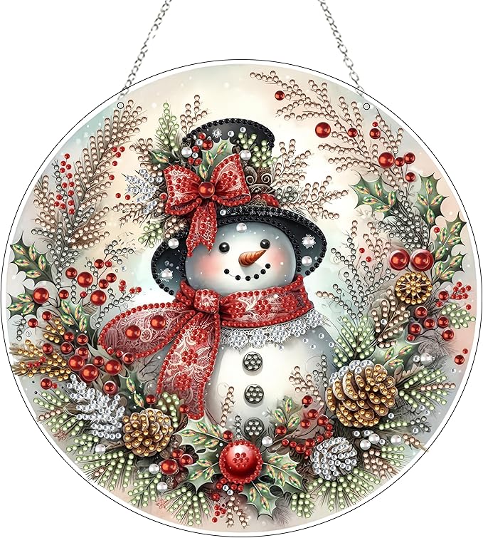 JJFox Diamond Art Hanging Kit for Adult,Special Shaped Rhinestone,Double Sided DIY Acrylic 5D Diamond Art Painting Window Pendants Home Garden Wall Hanging Kits Hanging Ornament (Christmas Snowman)