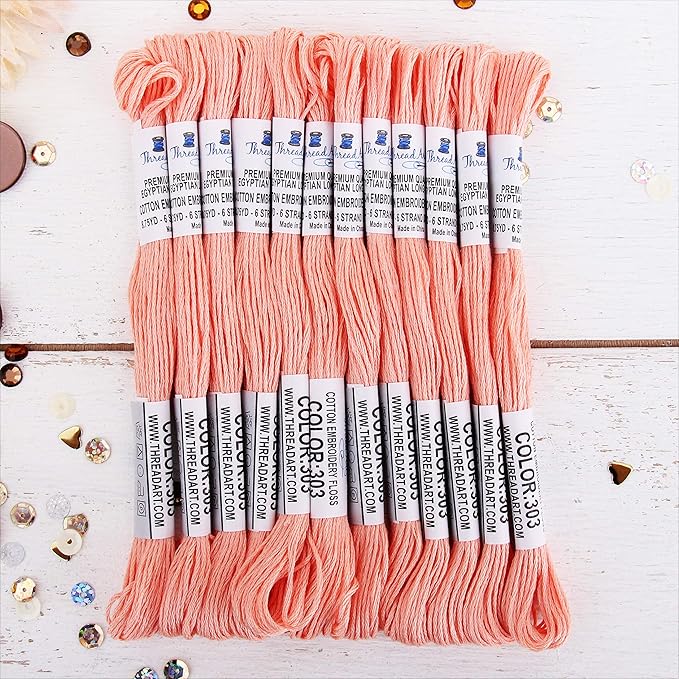 12 Skeins ThreadArt Premium Egyptian Long Fiber Cotton Embroidery Floss | Light Apricot | 6 Strand Divisible Thread 8.75yds Each for Hand Embroidery, Friendship Bracelets, Cross Stitch and Crafts