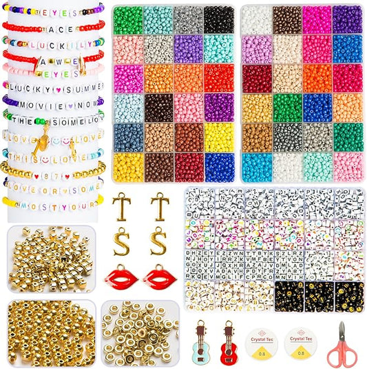 Goldwise Friendship Bracelet Kit 3 Boxes-8706 Pcs 48 Colors Bracelet Making Kits with Glass Seed, 5 Styles Letter and Number Beads with Charms, Gift Party