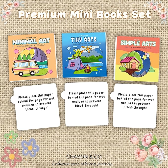 Chason & Co Mini Coloring Book Adult Bulk - Small Coloring Books for Adults | 180GSM Textured Art Paper — Pro Art Experience Made Effortless | Bold and Easy Art | 50 Pages x 3 Pack Travel Size