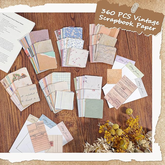 360 Pcs Vintage Scrapbook Paper, Journaling Supplies Kit, Delicate Decorative Paper with Floral Stickers & Multi-Size Scrapbook Paper for Junk Journal, DIY Collage Art, Vintage Crafts