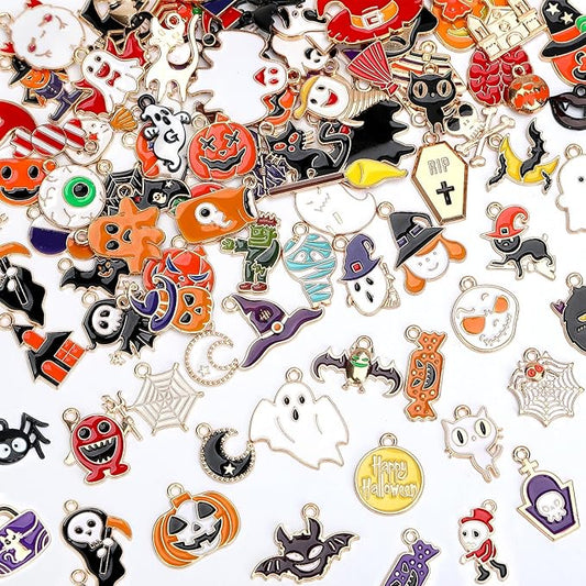 SANNIX 350Pcs Halloween Charms - Gold Enamel Pumpkin, Ghost, Skeleton, Bat, Witch for Jewelry Making Bracelets, Necklaces, Earrings, Craft Making