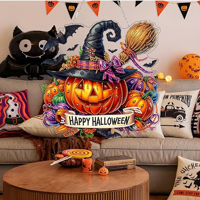 JJFox DIY Acrylic Diamond Art Painting Wreath Kits Special Shaped Rhinestone Diamond Art Window Pendants Home Garden Wall Hanging Kits Hanging Ornament (Happy Halloween)