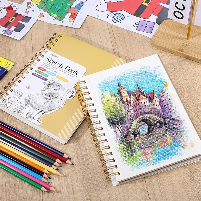 Sketch Book with 12 Color Pencil Set, 90 Sheets Spiral Sketchbook for Drawing (68lb/100gsm), Acid-Free Sketch Pad for Artist, Art Paper Drawing Supplies for Gifts(Yellow)