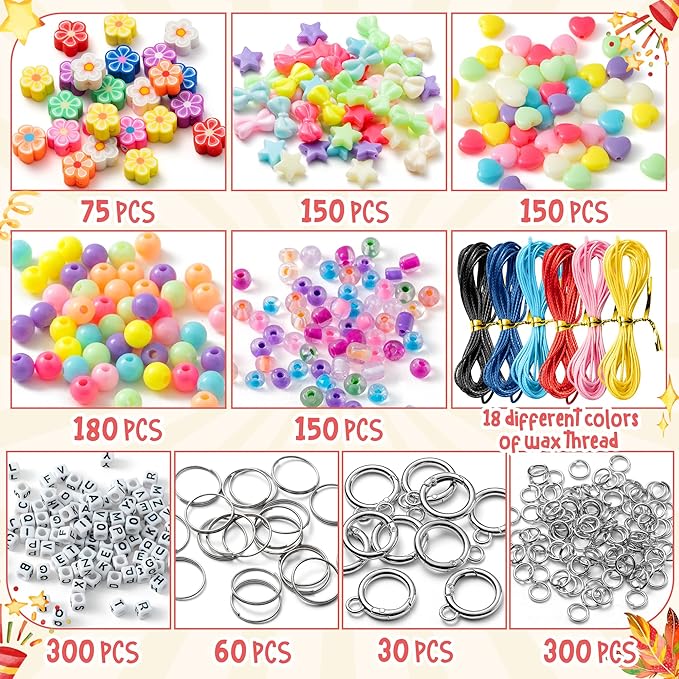 WATINC DIY Keychain Making Crafts Kits - Adjustable Letter Alphabet Beads Strings Keychain Flower Bow Shapes Beads Bulk, Bag Charms with Key Ring Supplies Jewelry Accessories Making Kit (1413Pcs)