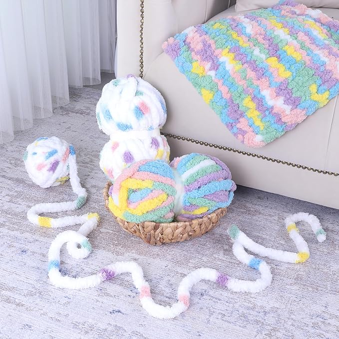 HOMBYS Chunky Tie Dye Mix Chenille Yarn for Hand Knitting, Super Bulky Jumbo Yarn for Crocheting, 3/4" Thick Soft Plush Yarn for Blankets, 8 Skein Pack (26 yds / 7.5 oz Each) Rainbow White