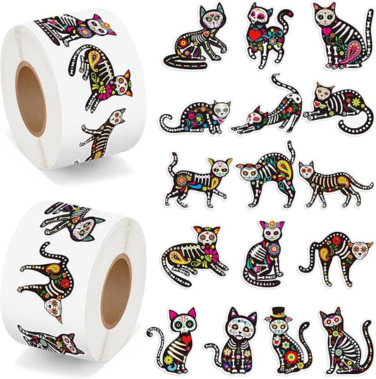 beyumi skeleton cat roll stickers - 1000pcs day of the dead skeleton cat stickers in 2 rolls dia de los muertos decals for kids halloween mexican festival party supplies bottle goodie bags box decor