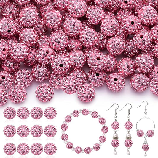 120pcs 10mm rhinestone beads for jewelry making, dark pink shiny round shamballa disco ball beads bulk, sparkle crystal clay christmas for bracelet baseball necklace earring crafting and diy