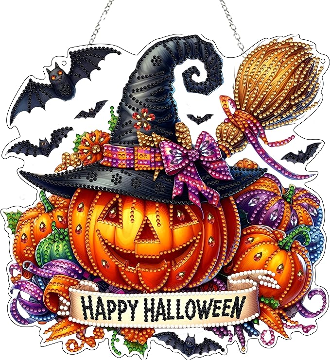 JJFox DIY Acrylic Diamond Art Painting Wreath Kits Special Shaped Rhinestone Diamond Art Window Pendants Home Garden Wall Hanging Kits Hanging Ornament (Happy Halloween)