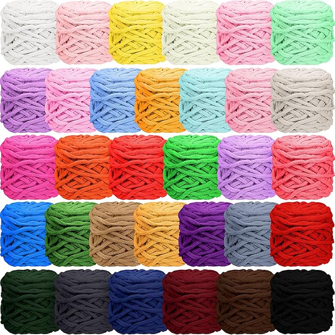 Timgle 32 Skeins Chunky Chenille Yarn for Crocheting, 1470 Yards Bulky Thick Fluffy Yarn Soft Velvet Plush Yarn for Hand Knitting Blanket Crafts Project (Stylish Color)