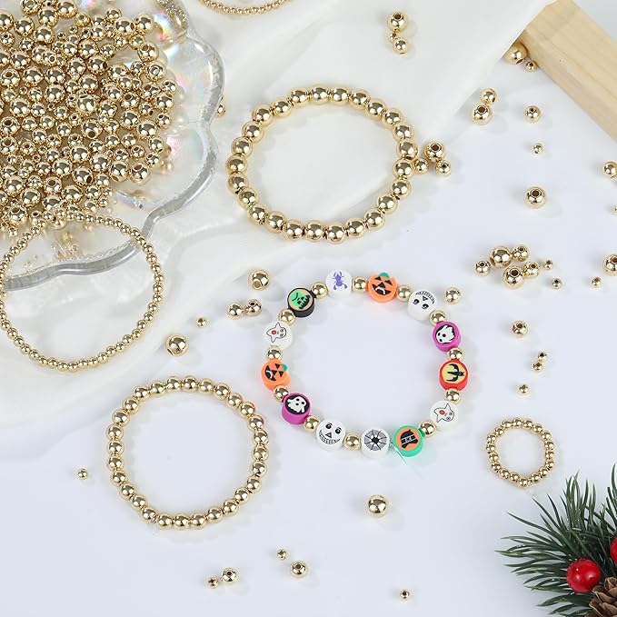 1100 Pcs Smooth Round Beads - 3/4/6/8mm Gold Spacer Loose Ball Bead Kits for Bracelet Jewelry Making