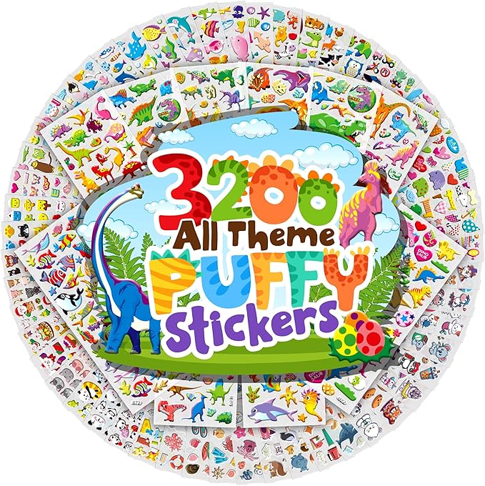 sinceroduct 3200+ 3d puffy stickers, 64 unique sheets ultimate kids sticker, kids‘s preschool sticker sheets for reward, craft, scrapbooking,gifts including animal, fruits, dinosaurs, cars and more.