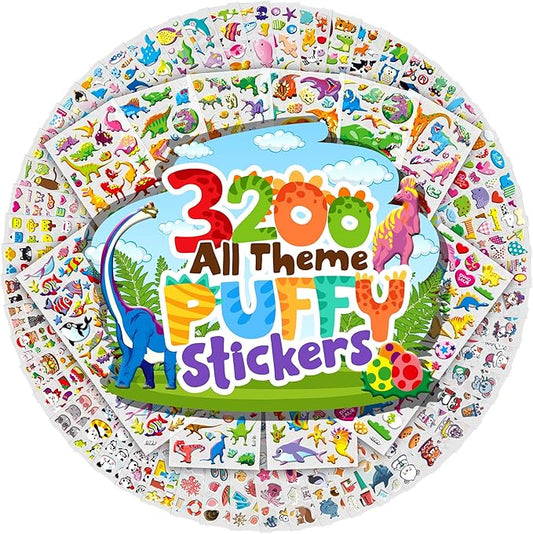 sinceroduct 3200+ 3d puffy stickers, 64 unique sheets ultimate kids sticker, kids‘s preschool sticker sheets for reward, craft, scrapbooking,gifts including animal, fruits, dinosaurs, cars and more.