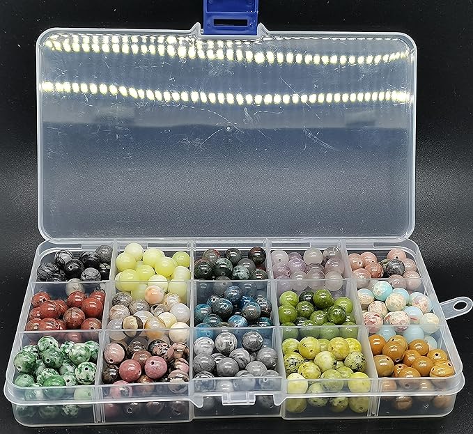 Yephac 450pcs 8mm Natural Round Stone Beads-Loose Gemstone Beading-Hole Size 1mm for Jewelry Making,Box Packed (15 Material-3,8mm)