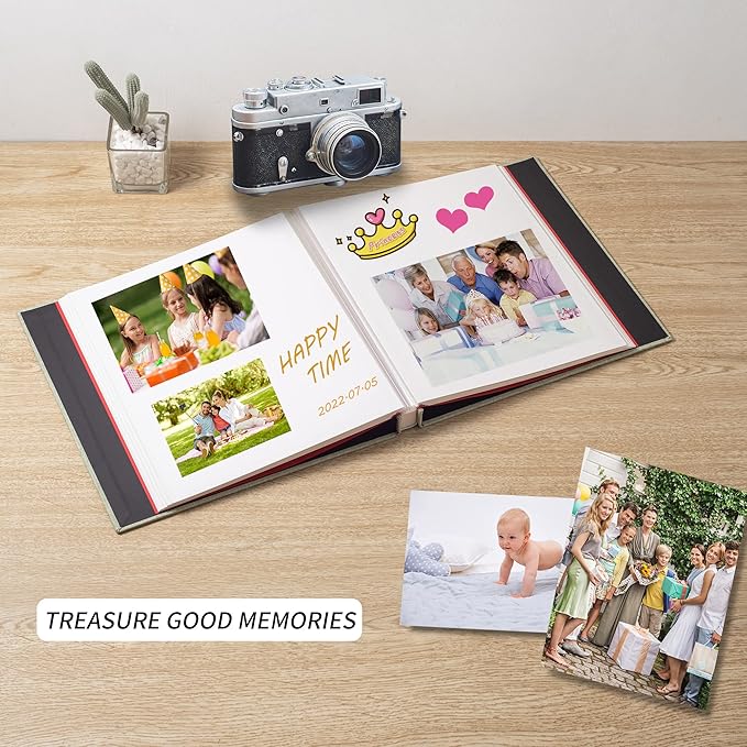 Photo Album Self Adhesive 3x5 4x6 5x7 6x8 8x10 8.5x11 11x10.6 Magnetic Scrapbook Album DIY Length 11x10.6 Inch 40 Pages Linen Cover DIY Photo Album with A Metallic Pen and DIY Accessories(Grass Green)