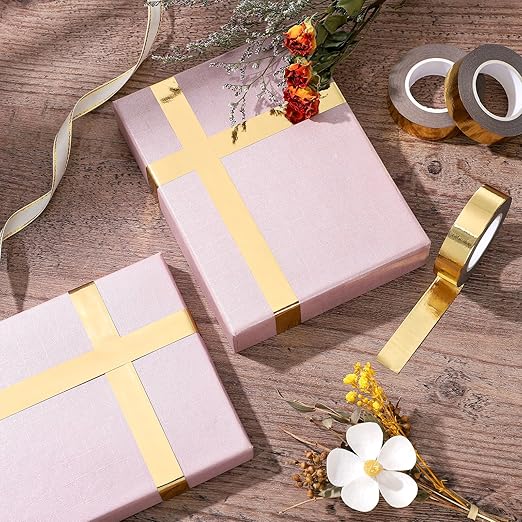 3 Rolls Gold Washi Tape 0.59In × 196Ft (Total 60m) Solid Foil Gold Tape, Low Adhesive Shiny Metallic Decorative Tape for TV Frame Mirror Decor Crafts Gift Wrapping