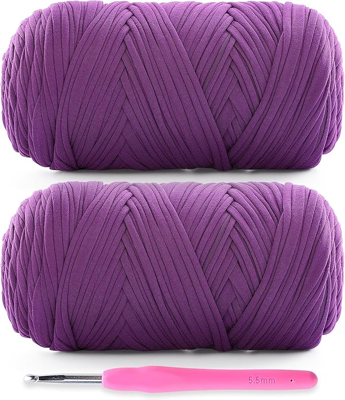 2 Pack Soft T-Shirt Yarn for Crochet, T Shirt Yarns for Crocheting Crafts, Bags, Basket, Coaster, Tshirt Yarns - 800 G/260 Yds with 1 Crochet Hook (2, Violet)