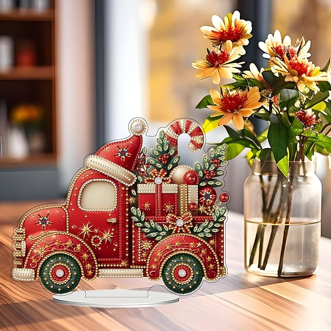 JJFox DIY Tabletop Diamond Art Painting Kit，Double Sided Desktop Ornament Special Shaped Rhinestone Desk Placement Ornament，Home Stand Up Gem Painting Craft Kit，Gift (Christmas Car)