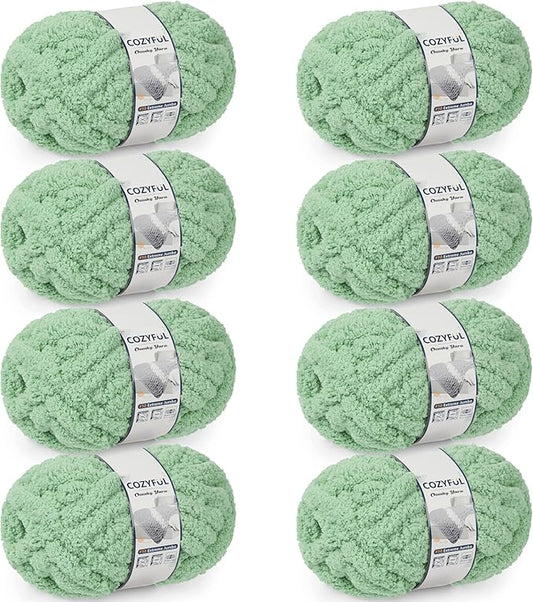 Chunky Yarn for Hand Knitting - #10 Chunky Chenille Yarn, Jumbo Big Thick Chunky Yarns for Crocheting, Super Bulky Chunky Knit Blanket Yarns, 8 Skein (25 yds 8 oz Each Skein), Soft Sage Green