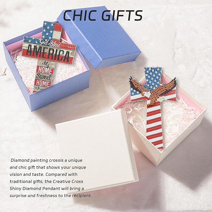 2 Pack Cross Diamond Painting Kits 5D DIY Diamond Painting Cross Special Shaped Diamond Art Kit Patriotic Flag Hanging Wall Home Decor with Tools for Adults