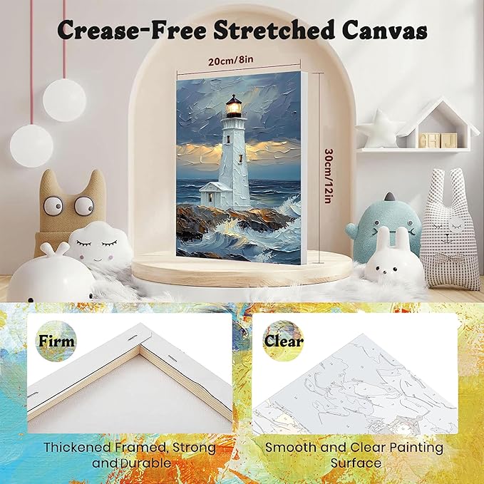 Lighthouse Paint by Numbers for Adults with Framed Canvas - with Wooden Easel, Landscape Paint by Number for Beginners, DIY Acrylic Oil Painting on Canvas with Brushes for Home Wall Decor (8x12 inch)