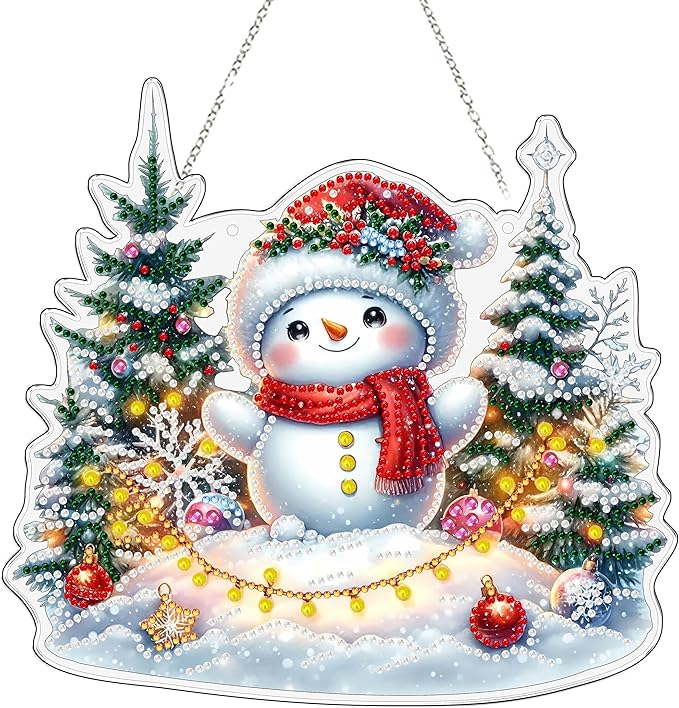 JJFox Diamond Art Hanging Kit for Adult,Special Shaped Rhinestone,Double Sided 5D DIY Acrylic Diamond Art Painting Window Pendants Home Garden Wall Hanging Kits Hanging Ornament (Christmas Snowman)