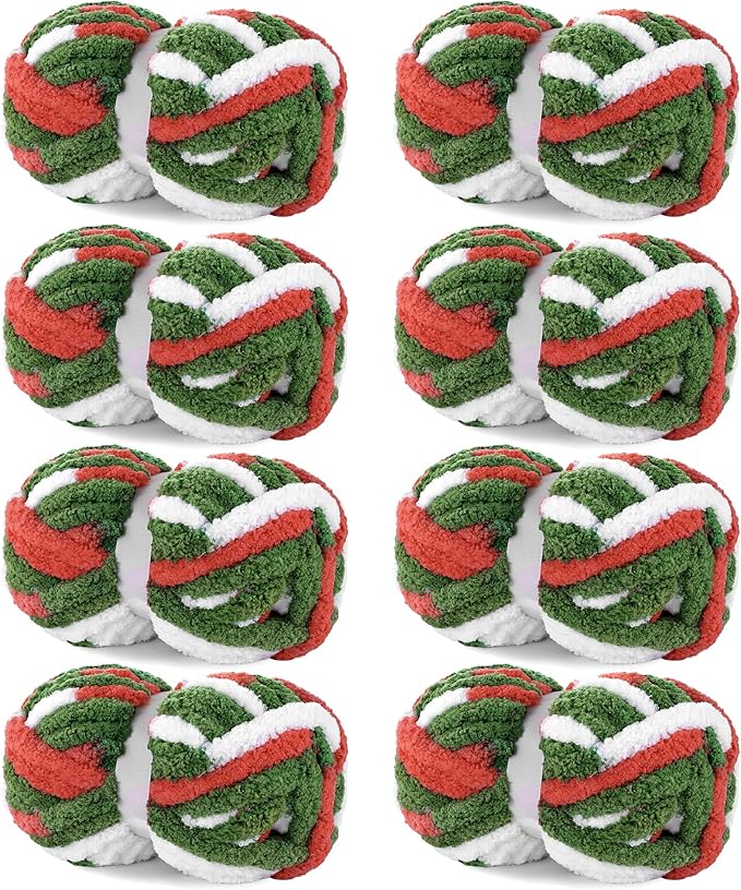 HOMBYS Chunky Tie Dye Mix Chenille Yarn for Hand Knitting, Super Bulky Jumbo Yarn for Crocheting, 3/4" Thick Soft Plush Yarn for Blankets, 8 Skein Pack (26 yds / 7.5 oz Each) Red Green White