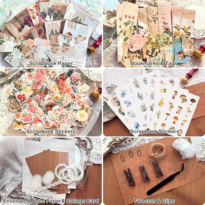 Flartmo 313 Pcs Complete Scrapbook Supplies Kit, Vintage Scrapbook Paper & Nature Flower Stickers, Junk Journal Scrapbooking Supplies Kit for Journaling, Scrapbooking Embellishments, Planner, Card