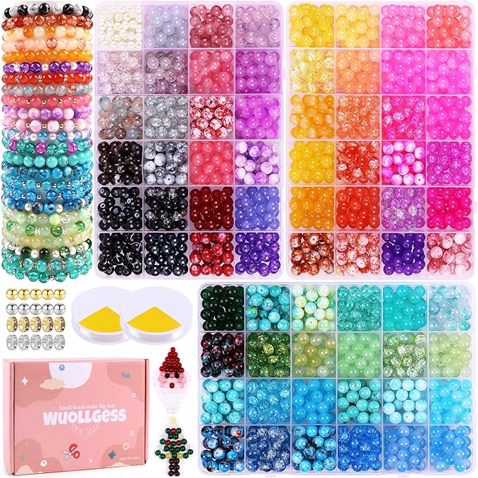 2080Pcs 8mm Glass Beads for Jewelry Making, 72 Colors Crystal Beads Bracelet Making Kit, Round Glass Beads for Bracelets and DIY Crafts, Solid, Crackle and Marble Colors, 3 Box