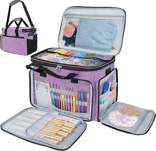 PAVILIA Knitting Bag Yarn Storage Tote, Large Crochet Organizer Bag, Yarn Storage Holder for Crocheting Knitter, Knitting Project Bag, Crochet Accessories Set, Gifts For Crochet Lovers, Heather Purple