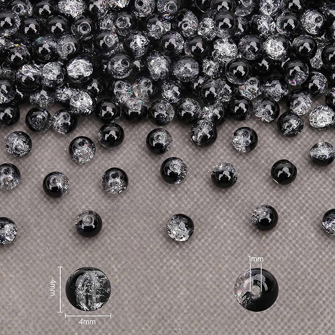 400PCs 4mm Black Crackle Glass Beads Bulk, Round Smooth Hole Glass Crystal Beads for Jewelry Making, DIY Bracelets, Necklaces, Bag Charms, Keychains and Craft Projects