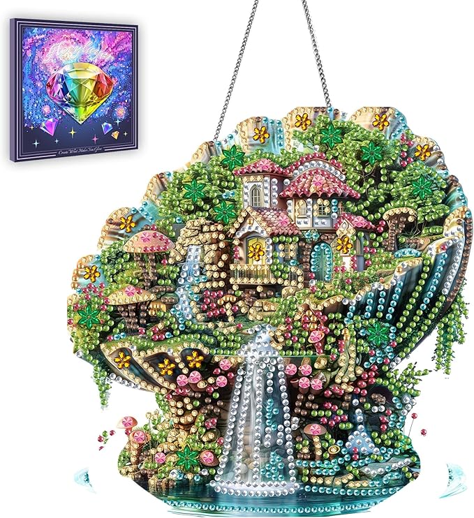 Ginfonr Diamond Painting Kits Hanging Pendant, Landscape Diamond Art Kits for Adults, Special Shaped Rhinestone Shells Diamond Art, Double Sided Home Hanging Kits for Garden Wall Window (8 x 8inch)