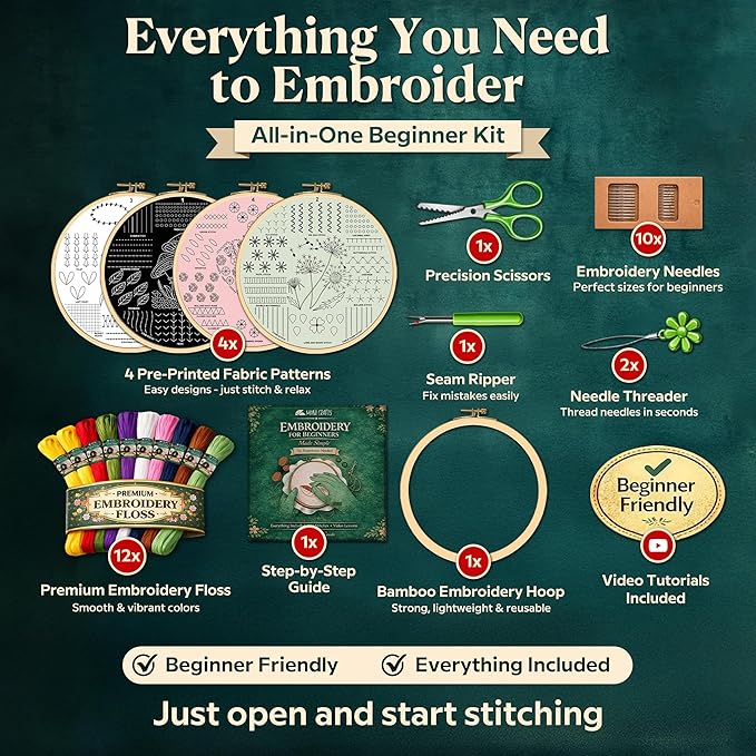 Moni Crafts - Embroidery Kit for Beginners Adults – Learn 41 Stitches with Complete Starter Kit, 4 Pre-Printed Patterns, Threads, Needles & Hoop – Hand Embroidery Kit with Video Tutorials