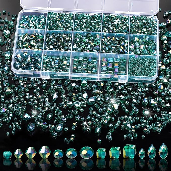 Song Xi 1500PCS Glass Beads for Jewelry Making, Assorted Faceted Crystal Beads Kit for Bracelet Earring Necklace, for DIY Clear and Iridescent St. Patrick's Day Gift (AB Peacock Green) ﻿ ﻿