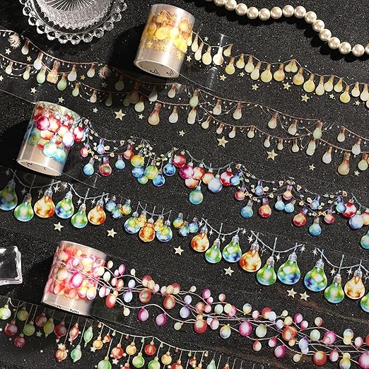 Holiday Lights Washi Tape Set, 6 Rolls Festive Christmas Decorative Tape with String Lights and Ornaments for Journaling Supplies, Scrapbooking, Card Making, Gift Wrapping and Holiday Crafts