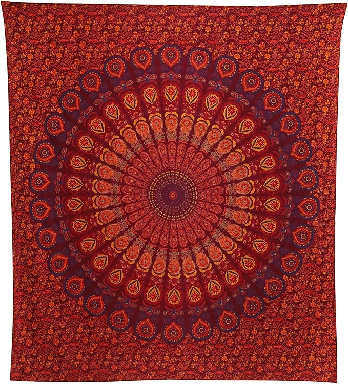 bless international handmade indian hippie bohemian psychedelic peacock mandala wall hanging college dorm beach throws table cloth bedding tapestry (golden brown maroon,