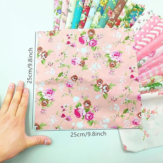 22Pcs 10" Pink Floral Fabric Squares No Repeat Charm Pack, Precut Quilting Cotton with Wavy Edges,10 Inch Squares for Quilting