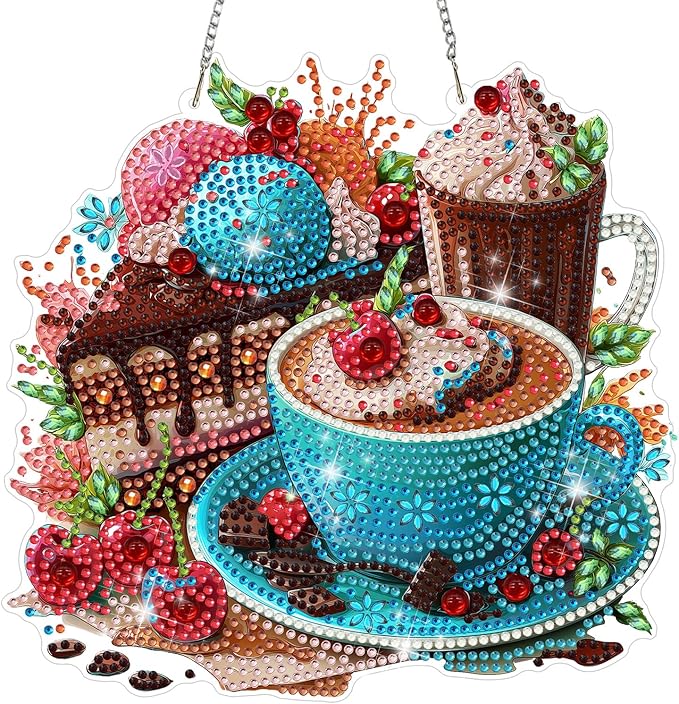 MAXBYE Coffee and Cake Diamond Art Painting Kits for Adults Beginners Hanging Pendent, DIY 5D Special Shaped Crystal Diamond Painting Kits Ornament for Gift Home Wall Door Decor 8×8 Inch