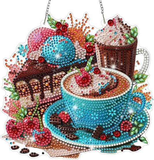 MAXBYE Coffee and Cake Diamond Art Painting Kits for Adults Beginners Hanging Pendent, DIY 5D Special Shaped Crystal Diamond Painting Kits Ornament for Gift Home Wall Door Decor 8×8 Inch
