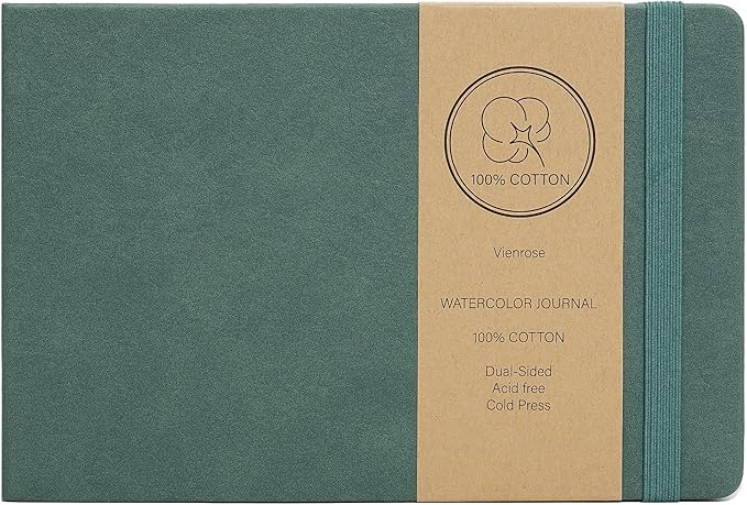 Vienrose Watercolor Sketchbook, 8.25"x5.5" Watercolor Journal with 24 Sheets 48 Pages 140 LB (300 GSM) Cotton Watercolor Paper, Green Leather Cover Water Coloring Sketch Book As Travel Notebook