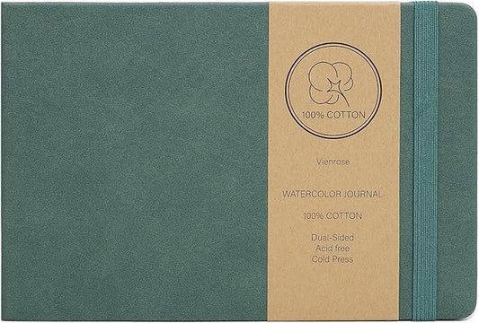 Vienrose Watercolor Sketchbook, 8.25"x5.5" Watercolor Journal with 24 Sheets 48 Pages 140 LB (300 GSM) Cotton Watercolor Paper, Green Leather Cover Water Coloring Sketch Book As Travel Notebook