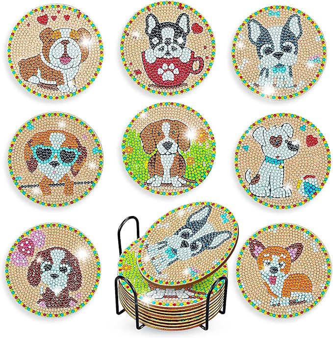 8 pcs Diamond Painting Coasters | Diamond Art Coasters | Cute Dog Diamond Art Painting | Perfect Art Craft Gift for Dog Lover, Dad, Mom, Grandparents, Brother, Sister.