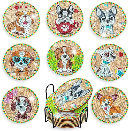 8 pcs Diamond Painting Coasters | Diamond Art Coasters | Cute Dog Diamond Art Painting | Perfect Art Craft Gift for Dog Lover, Dad, Mom, Grandparents, Brother, Sister.
