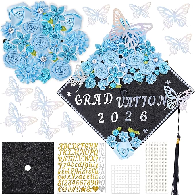 VISSTREE DIY Graduation Cap Decoration, 56 Pcs Cap Decorations for Graduation Kit 2026 DIY Grad Cap Graduation Gift with Blue Paper Flowers 3D Glitter Butterfly Custom Number Letter Stickers Decor